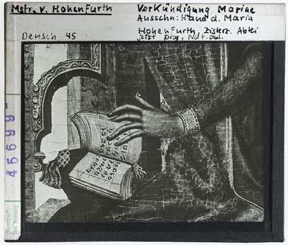 Vorschaubild Meister von Hohenfurth: Verkündigung, Hand der Maria. Prag, Nationalgalerie 